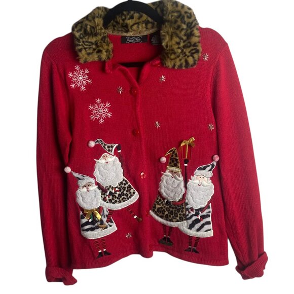 Vintage Size M Ugly Christmas Sweater Animal Print Santa Red Cardigan Fur Collar - Picture 1 of 5